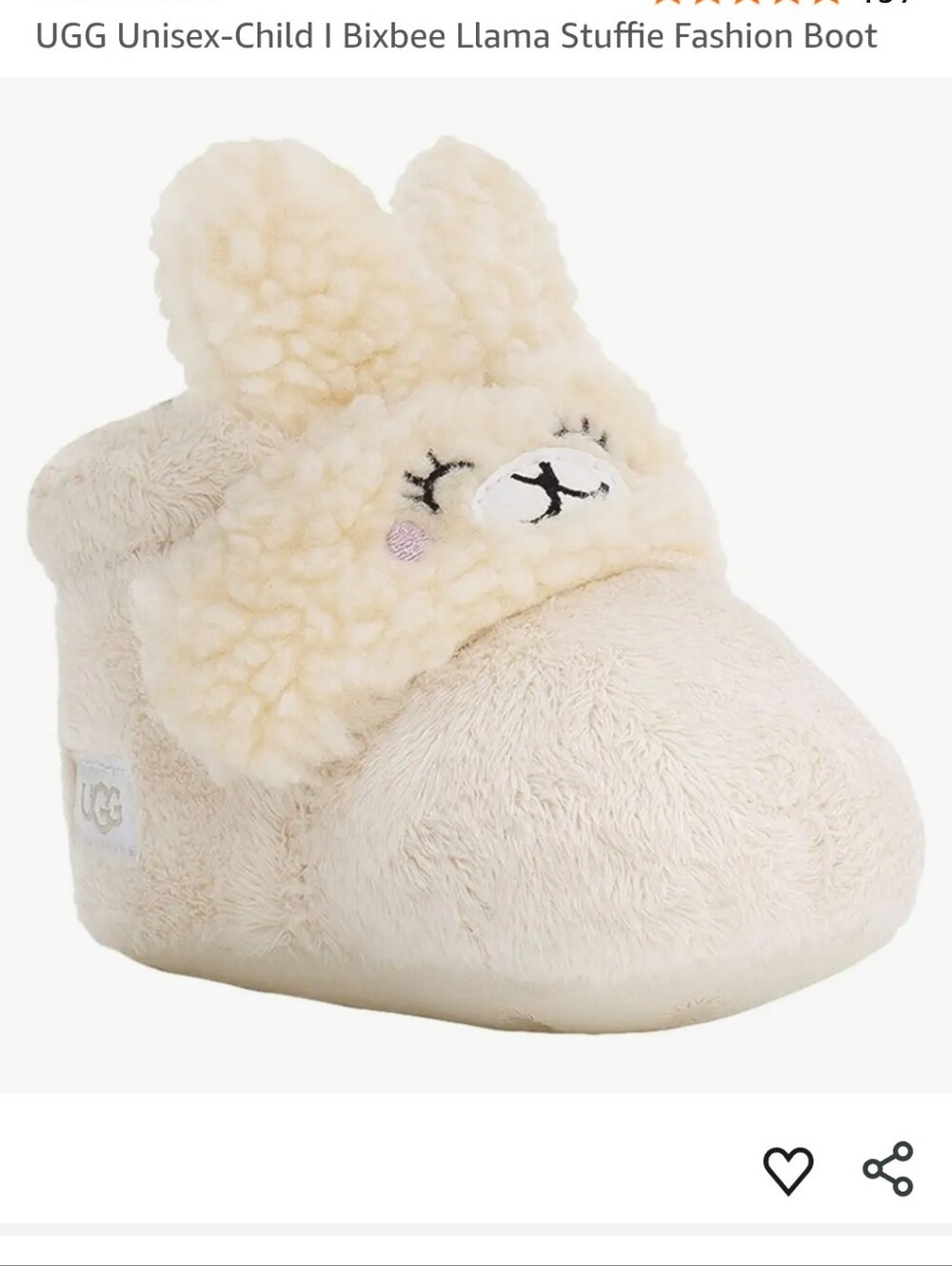 UGG Bixbee Llama Stuffie Unisex Plush Soft Slippers Booties Baby Sz 4/5 Natural